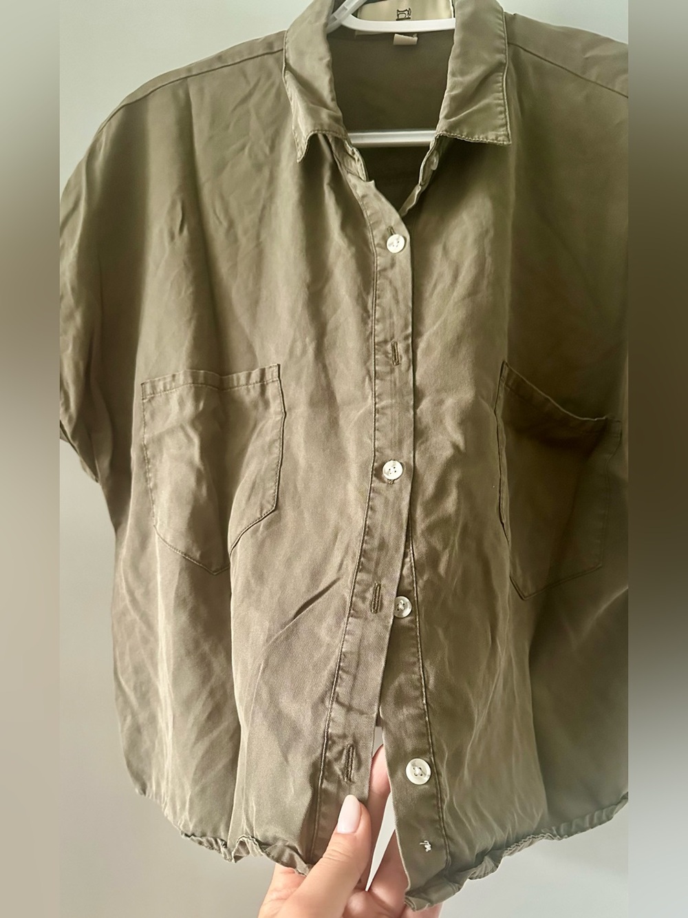 Women’s Dark Olive Short-Sleeve Button-Down Shirt - Picture 3 of 10
